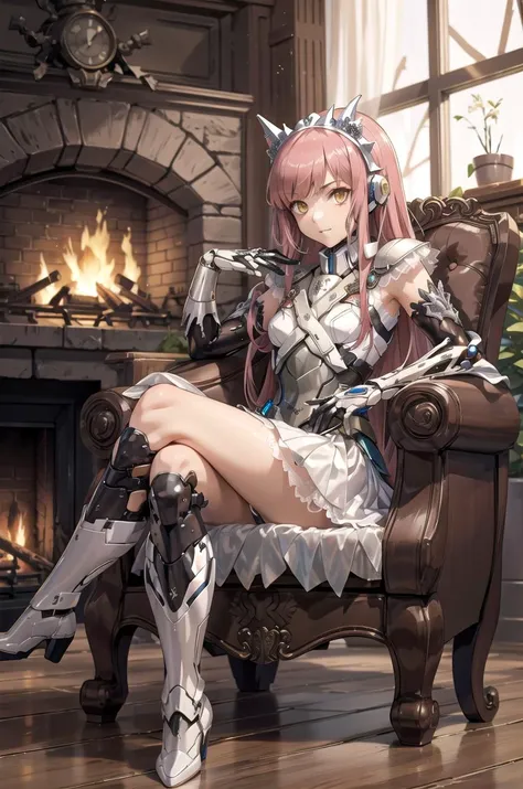 masterpiece,best quality, 1girl, solo, indoors, fireplace, sitting, crossed legs, looking at viewer,
medb \(fate\), tiara, white elbow gloves, white skirt, white boots, armor, <lora:MedbV8-000007:0.7>, <lora:mecha_offset:1>, mecha musume, mechanical parts, headgear