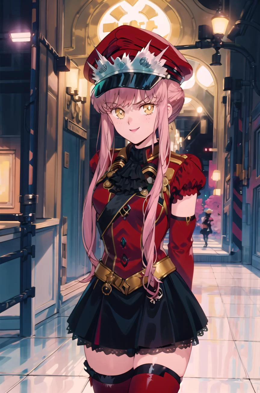 masterpiece,best quality, 1girl, solo, dark, night, crazy smile, looking at viewer, standing, black background, cowboy shot, arms behind back,
medb \(fate\), peaked cap, red thigh boots, black skirt, military uniform, white gloves, hair bun, <lora:MedbV8-000007:1>, <lora:smv1-10:0.9>