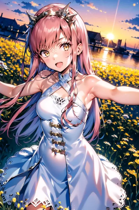 masterpiece, best quality, 1girl, solo, outdoors, field, sunset, open mouth, smile, outstretched arms, looking at viewer, dutch angle,
medb \(fate\), white dress, white hairband, bare shoulders, <lora:MedbV8-000007:0.9>