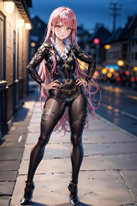 masterpiece, best quality, 1girl, solo, full body, standing, hands on hips, serious, outdoors,
medb \(fate\), black bodysuit, black high heels, frilled collar, simple tiara, <lora:MedbV8-000007:0.9>