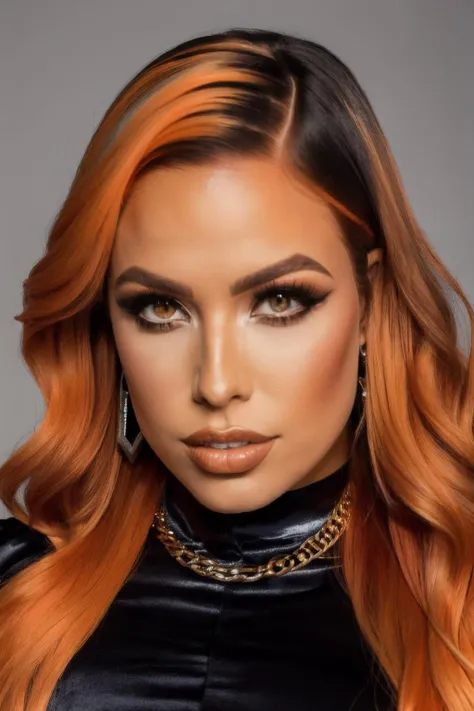 photo of mxd with (amber orange hair), wearing gold chain necklace and silver velvet shirt, <lyco:MaxxineD-RealVision-V1.0:1.0>