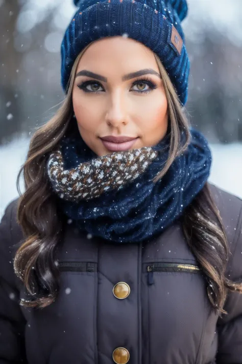 best quality, 4k, 8k, ultra highres, raw photo in hdr, sharp focus, intricate texture, skin imperfections, photograph of mxd with a dark blue wool beanie and winter scarf in the snow wearing a light brown winter jacket, brunette hair, intricate details, snowing, <lyco:MaxxineD-RealVision-V1.0:1.0>