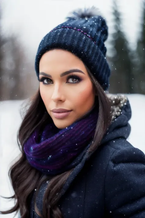 best quality, 4k, 8k, ultra highres, raw photo in hdr, sharp focus, intricate texture, skin imperfections, photograph of mxd with a dark blue wool beanie and winter scarf in the snow wearing a light brown winter jacket, brunette hair, intricate details, snowing, <lyco:MaxxineD-RealVision-V1.0:1.0>