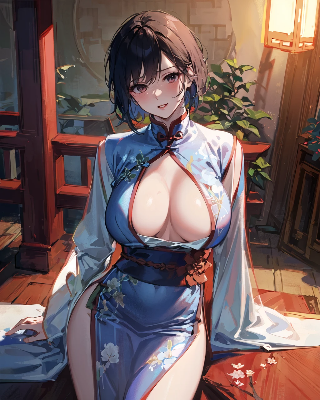 (unparalleled masterpiece, ultra realistic 8k CG, perfect artwork, perfect female figure,dramatic shadow,ray tracing),
( spotlight,perfect lighting,detailed light,dramatic shadow,ray tracing),
(mature female, milf, an extremely delicate and beautiful:1.2),
(seductive posture, implied sex,clothed sex),((large breasts:1.1)),(plentiful:1.3),(short hair:1.5),
wide hips, (ru_qun,ancient china background, china patterns, shawl, hagoromo, hanfu, detailed clothes,chinese pattern dress:1.2), (indoors + dark vibe + china courtyard + pavilion + peaceful + bridge + trees),<lora:guofeng3Lora_v32Lora:0.3>
<lora:fashionGirl_v20SmallFileSize:0.5>