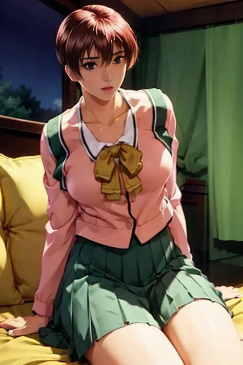 1girl, full body,night, bedroom, before window,sitting on couch,(pink_jacket:1.2),(Green_pleated skirt:1.3),(sailor_collar), school_uniform, serafuku,long_sleeves,(Yellow_bowtie),red hair,short hair,blue eyes, perfect eyes, perfect face,looking at viewer, (innocent_big_eyes:1.0),(expressionless:1.3),large breasts,film grain,Fujifilm XT,phisically-based render,(masterpiece,best quality,official art,extremely detailed CG unity 8k wallpaper:1.4),(realistic photo),dslr,super fine illustration,highly detailed,very detailed background,highly detailed background,gorgeous nature refined rendering,contour deepening,best bloom,cinematic composition,cinematic bloom,cinematic shadow,depth of field,realistic,extremely intricate,flawless, clean, professional artwork, famous artwork,real,perfect anatomy,perfect proportions,slim waist,slim calves,pale skin,skin texture,skin pores,super detailed skin,detailed beautiful face and eyes,detailed eyebrows,detailed fingers,detailed toes,soft lighting, dramatic lighting,backlighting, <lora:Better Portrait Lighting:0.4> <lora:backlighting:0.4> <lora:Asami_Kurihara-V1:1>