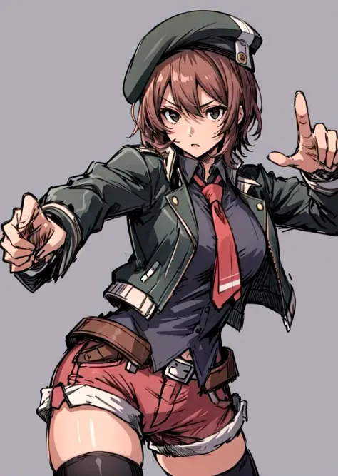 masterpiece, best quality, solo, black eyes, noel seeker, beret, green jacket, black shirt, necktie, red shorts, black thighhighs, action pose, simple background <lora:noel-nvwls-v1-000010:0.9>