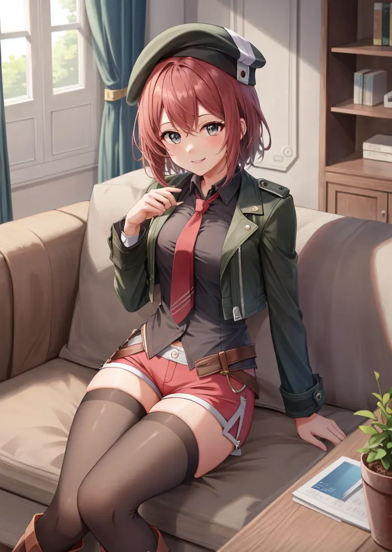 masterpiece, best quality, noel seeker, beret, green jacket, black shirt, necktie, red shorts, black thighhighs, boots, smile, living room, sitting on couch, black eyes <lora:noel-nvwls-v1-000010:0.9>