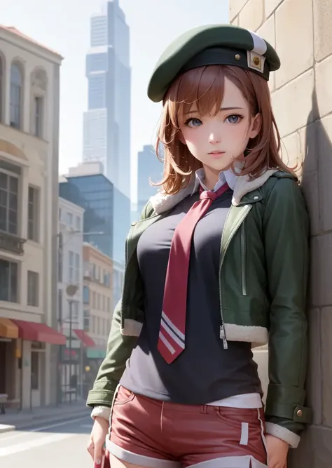 masterpiece, (realistic:1.4), photorealistic, best quality, noel seeker, beret, green jacket, black shirt, necktie, red shorts, upper body, city street <lora:noel-nvwls-v1-000010:0.8>