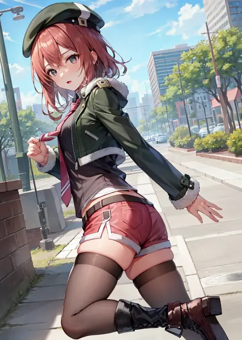 masterpiece, best quality, solo, black eyes, noel seeker, beret, green jacket, black shirt, necktie, red shorts, black thighhighs, boots, running, from side, city street, furrowed brow <lora:noel-nvwls-v1-000010:0.8>
