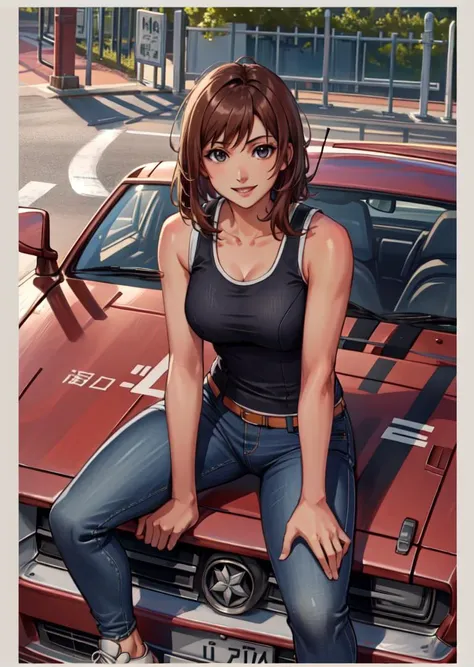 masterpiece, best quality, solo, black eyes, noel seeker, tank top, jeans, sneakers, sitting on the hood of a sports car, happy, smile <lora:noel-nvwls-v1-000010:1.0>