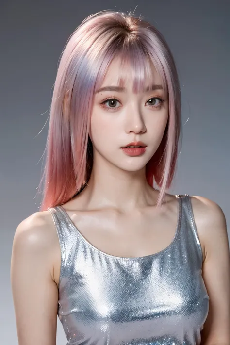 masterpiece, top quality, best quality,(close-up:1) (gradient Metallic tin foil background:1), ((1girl, gradient gradient hair)), ( gradient Metallic tin foil dress, pink eyeshadows)