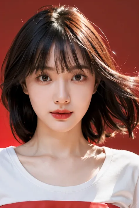 masterpiece, best quality, 1girl ((pure red background)), black hair, floating hair, blush, looking at viewers, white T-shirt, happy, ((front)),upper body, close-up, (studio light), soft light, dark style, night style, red light