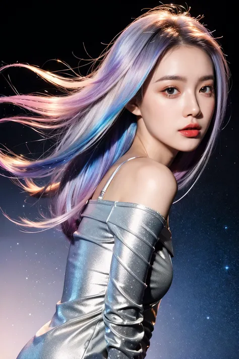 masterpiece, top quality, best quality,(close-up:1) (gradient Metallic tin foil background:1), ((1girl,  gradient hair)), (gradient Metallic tin foil dress,  gradient  eyeshadows)