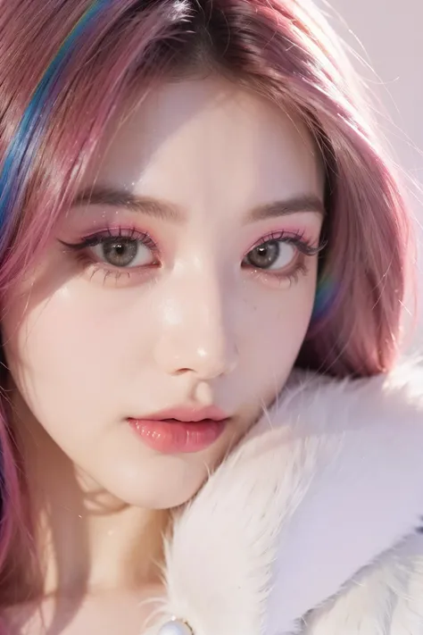 masterpiece, best quality, 1girl, pure rainbow background, ((Rainbow colored hair)), wear white fur coat, ((long Hair)), front, emotional face, ((close up, studio light, studio)), (((makeup portrait, pink eye shadow)))