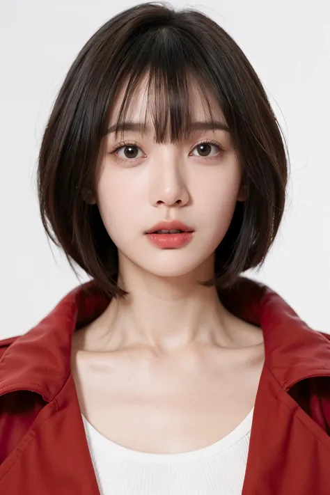 ((close up portrait:1)),1girl, with short hair with bangs,(was wearing red Oversize coat:1 ),in a white pure studio,white background and studio light,