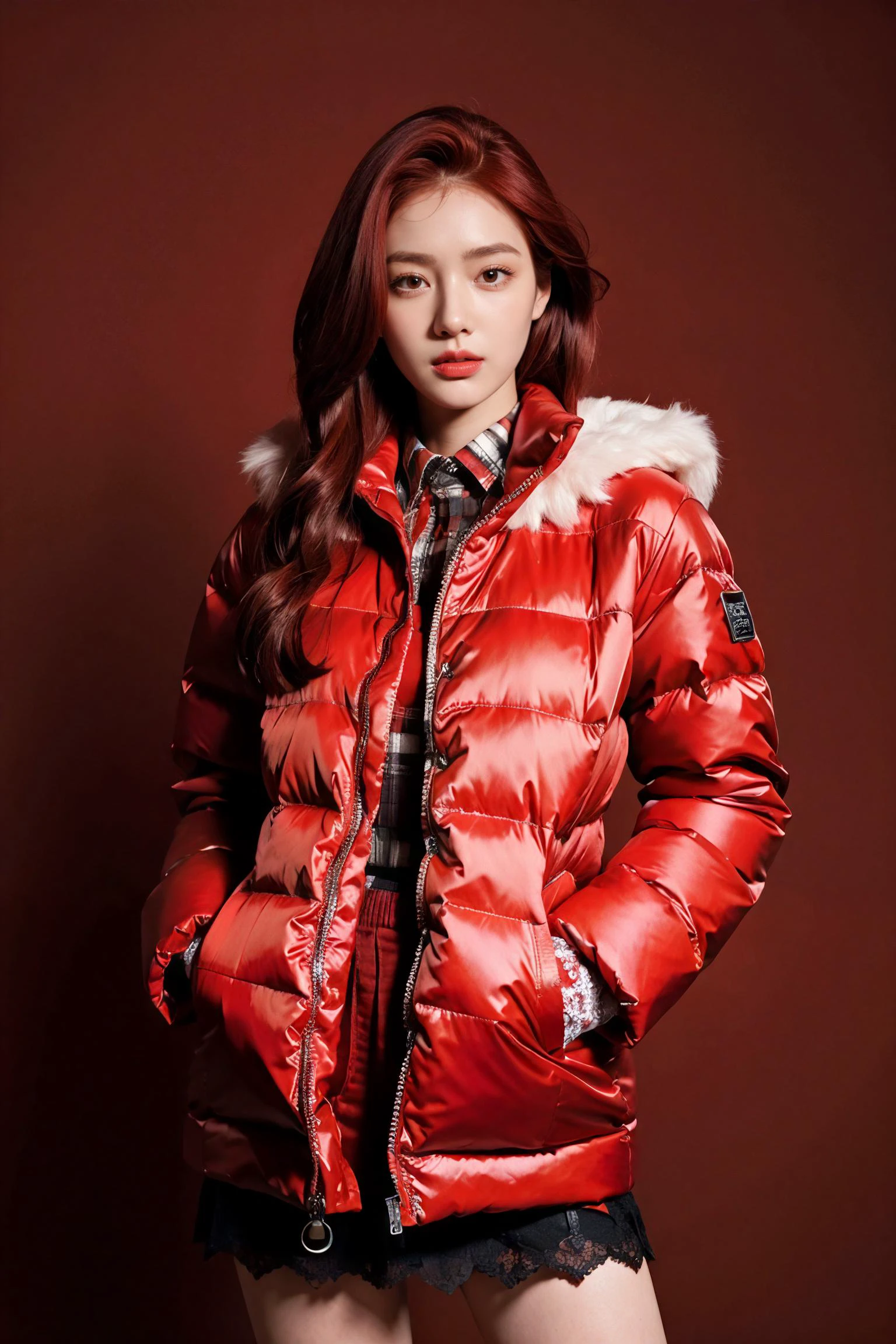 (masterpiece, top quality, best quality, ((standing in centre)), (1girl, red hair, upper body), ((wear an red oversize fur lace down jacket, lace skirt)), studio light, emotional face, extreme detailed, (red background), highest detailed.