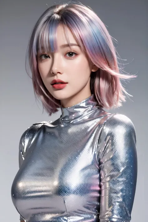 masterpiece, top quality, best quality,(close-up:1) (gradient Metallic tin foil background:1), ((1girl, gradient gradient hair)), ( gradient Metallic tin foil dress, pink eyeshadows)