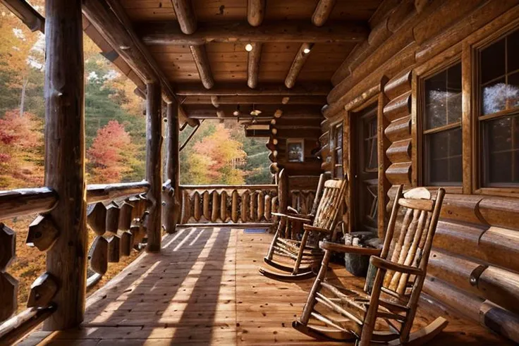 Front of a log cabin in the north georgia mountains in the fall, A light is on on the porch, a tired old man in his 70's sits on the porch in a rocking chair., Canon EOS 5D, ((photorealistic 1.4))