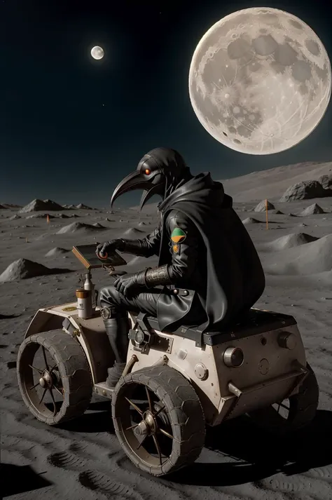 a plague doctor on the moon sits in a moon rover with the background of the earth