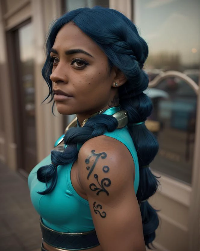 mermista, woman, dark-skinned female, upper body, looking at viewer, hair over shoulder, parted lips, tattoo, realistic, long hair, pauldrons, hand up, portrait, cosplay, bracer, single braid, pretty, photorealistic, cine still <lora:mermista-000018:0.8>