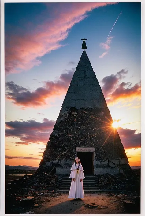 ((Close up [Slovak | Brazilian | Estonian] 33 yo priestess woman in spiritually significant ceremonial sacrifice dress))((standing atop  mystical diamond and gold embedded marble pyramid apex pyramidian)) located within [the Amazon | Rocky Mountains | Bermuda] ((outside is vibrant colorful sunset after terrible [hurricane | tornado | volcanic eruption])) style of [1970's Polaroid | Vogue magazine | British museum archives] BREAK(post-processing: oversharpen, expert dodge and burn, ISO 400 color film noise, corner darken vignette) <lora:age_slider_v6:1.2> <lora:back-front_lighting:-2.4> <lora:BetterHands:2> <lora:color_temperature_slider_v1:0.5> <lora:ContrastControl:2.5> <lora:horror_slider_v7:1.8> <lora:DepthOfFieldSliders:1.2> <lora:Better Portrait Lighting:0.6> <lora:EmotionSliders:2> <lora:ExposureControl:1.7 <lora:Film-Grain:0.4> <lora:HDhelper:0.5> <lora:MoreDetails:0.5> <lora:skinny_new_skin:0.7> <lora:Saturation:1.2>