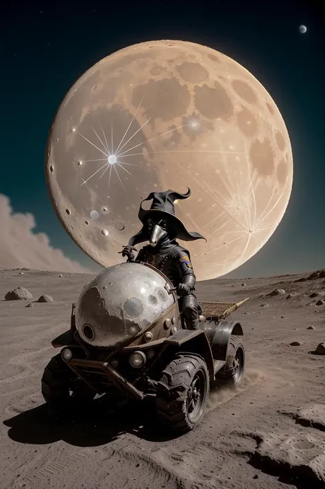 a plague doctor on the moon riding fast with dust from wheels on a Lunar Roving Vehicle driving away from the rocket, planet earth on a background, fisheye, action