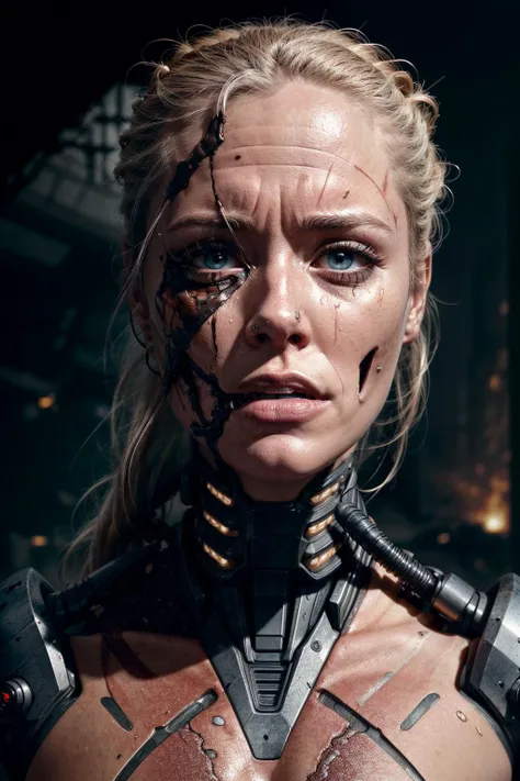 RAW photo, hyper-realistic, Generate a realistic image inspired by the Terminator franchise, depicting the face of a battle-damaged female cybernetic organism. The face is divided into two halves: on the left side, the visage appears to be that of a resilient woman, with lifelike skin,highly detailed eyes and skin, delicate features, and signs of determination. On the right side, however, the illusion of humanity is shattered, revealing the exposed, damaged exoskeleton beneath the surface of the skin.
Render the human side of the face with meticulous attention to detail, capturing the intensity and grit of a battle-hardened warrior. Utilize high-resolution textures to depict the resilient skin, portraying a mix of determination, sweat, and possibly a few battle scars. Enhance the realism by incorporating dynamic lighting techniques that emphasize the character's determination and strength, casting shadows that add depth and intensity to the facial expression.
On the damaged robotic side, reveal a combination of damaged and torn skin that exposes the metallic exoskeleton beneath. The skin should appear to be peeling or partially torn, revealing the intricate machinery situated beneath it. Employ advanced AI rendering techniques to bring out the details of the exposed exoskeleton, showcasing the battle-inflicted scars, ruptured joints, and sparks of malfunctioning circuitry. The metallic exoskeleton should be positioned deeper within the face, conveying the sense that it resides beneath the torn skin.
Create a contrast between the warm, human side and the cold, damaged robotic side by utilizing a lighting scheme that highlights the stark divide between organic and artificial elements. Experiment with lighting angles to accentuate the battle damage and provide depth to the damaged robotic side. Use orange lighting on the damaged side to create an otherworldly and menacing atmosphere, while also highlighting the exposed exoskeleton beneath the torn skin.
In the background, incorporate a dystopian environment that further enhances the sense of destruction and battle. Utilize smoky atmospheres, crumbling structures, or shattered remnants of technology to reinforce the theme. This backdrop will enhance the overall atmosphere and convey a post-apocalyptic setting.
Ensure that the final image effectively portrays the resilience and battle-worn nature of the female Terminator, juxtaposing the vulnerability of human skin with the exposed exoskeleton beneath the damaged surface. The attention to detail, realistic rendering, and careful lighting techniques, including the use of torn skin and the placement of the exoskeleton deeper within, will contribute to a visually captivating and immersive representation of the battle-damaged female Terminator's face.
 <lora:add_detail:1.5> <lora:bhands-neg:1> <lora:Noiseoffset:0.5>