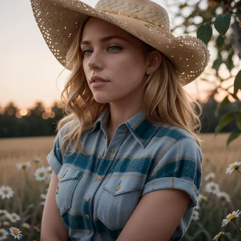 Highest quality, natural lighting, photo of a (beautiful woman with lush blonde hair), perfect face, blue eyes, [natural makeup], (wearing flannel shirt and daisy dukes), cowboy hat, seductive pose, athletic body, (detailed skin), [[beauty marks]], fine details, golden hour, sun in background, corn field in Rural Pennsylvania, [[[portrait]]], photographed on a Sony A7R V, 85mm F1.2 L Macro Lens, (highly detailed, intricately detailed), HDR, 8k, film like, (Kodak Portra 400) color negative film, Expired film, shadow casting, (silhouette:0.5), backlighting, (film grain:1.2), grain, medium closeup, [[[closeup]]]