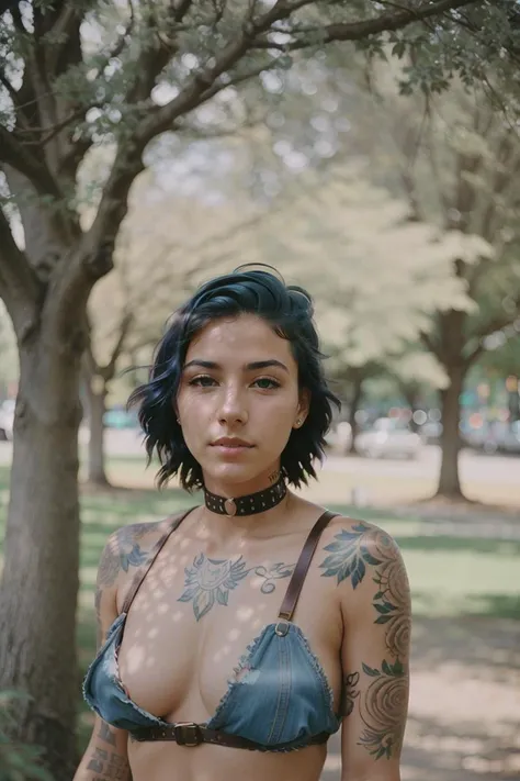 Highest quality, front view, [[[portrait]]], erotic photo of a streamline beautiful punk woman with short eccentric hair, perfect face, [makeup], mischievous expression, (wearing leather suspenders and [torn|ripped] blue jeans), athletic body, small breasts, ((tattoos)), (detailed skin), goosebumps, [[beauty marks]], fine details, [[[skin imperfections]]], hydrated, (chills:0.5), standing under a tree in city park, (natural lighting), backlighting, cloudy weather, (overcast:0.6), afternoon



AND_PERP dappled lighting, photographed on a Canon AE-1, 55mm F1.8 lens, ISO 200, Analog photography, Lomography, Expired (Kodak Gold 200:1.2) 35mm film, light leak, (film grain:1.2), grainy, medium closeup, (full body:0.9), stunning :1