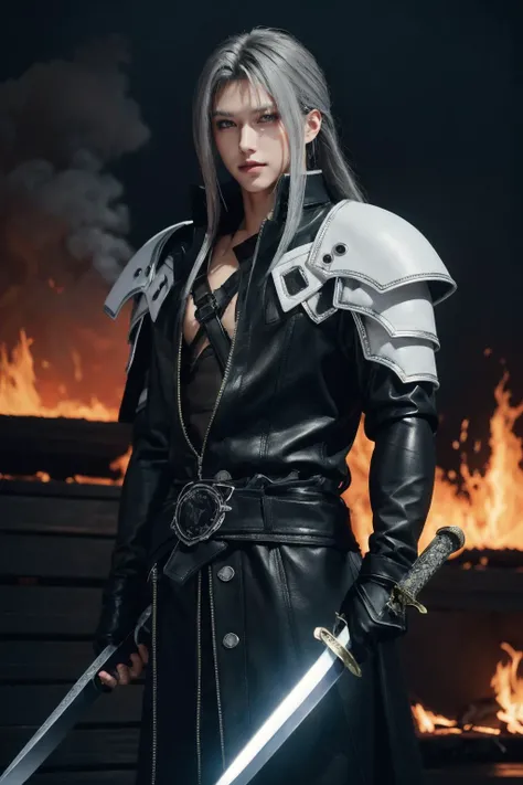 (masterpiece, best quality), intricate details, 1boy, standing, (looking at viewer), Sephiroth \(Final Fantasy\), Sephiroth, (holding sword in left hand:1.5), (green glowing mako eyes), dark theme, village, (fire scene:1.4), (fire:1.4), (conflagration:1.3), professional lighting, photon mapping, physically-based rendering, grey hair, weapon, sword, gloves, long sleeves, parted bangs, black gloves, chest strap, holding weapon, <lora:sephy:0.8>, <lora:LowRA:0.6>