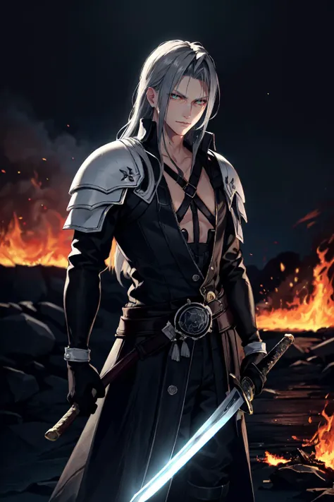(masterpiece, best quality), intricate details, 1boy, standing, (looking at viewer), Sephiroth \(Final Fantasy\), Sephiroth, (holding sword in left hand:1.5), (green glowing mako eyes), dark theme, village, (fire scene:1.4), (fire:1.4), (conflagration:1.3), professional lighting, photon mapping, physically-based rendering, grey hair, weapon, sword, gloves, long sleeves, parted bangs, black gloves, chest strap, holding weapon, <lora:sephy:0.8>, <lora:LowRA:0.6>