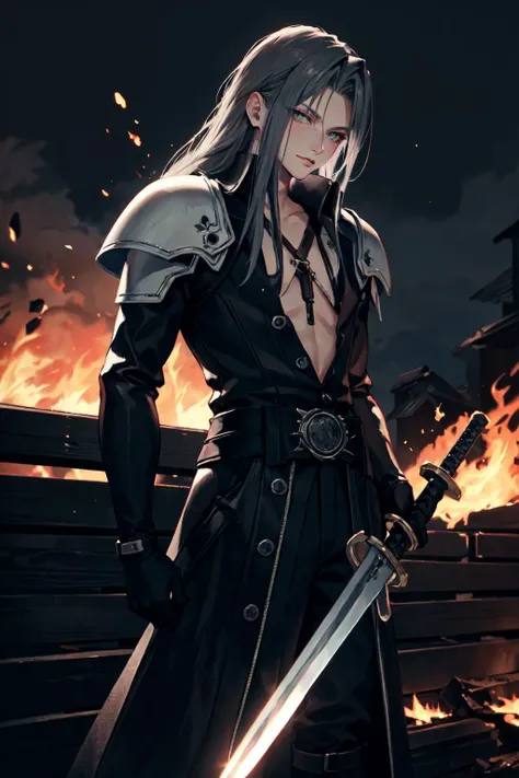 (masterpiece, best quality), intricate details, 1boy, standing, (looking at viewer), Sephiroth \(Final Fantasy\), Sephiroth, (holding sword in left hand:1.5), (green glowing mako eyes), dark theme, village, (fire scene:1.4), (fire:1.4), (conflagration:1.3), professional lighting, photon mapping, physically-based rendering, grey hair, weapon, sword, gloves, long sleeves, parted bangs, black gloves, chest strap, holding weapon, <lora:sephy:0.8>, <lora:LowRA:0.6>