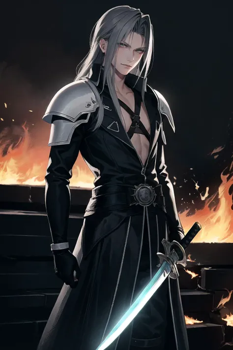 (masterpiece, best quality), intricate details, 1boy, standing, (looking at viewer), Sephiroth \(Final Fantasy\), Sephiroth, (holding sword in left hand:1.5), (green glowing mako eyes), dark theme, village, (fire scene:1.4), (fire:1.4), (conflagration:1.3), professional lighting, photon mapping, physically-based rendering, grey hair, weapon, sword, gloves, long sleeves, parted bangs, black gloves, chest strap, holding weapon, <lora:sephy:0.8>, <lora:LowRA:0.6>