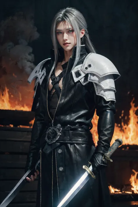 (masterpiece, best quality), intricate details, 1boy, standing, (looking at viewer), Sephiroth \(Final Fantasy\), Sephiroth, (holding sword in left hand:1.5), (green glowing mako eyes), dark theme, village, (fire scene:1.4), (fire:1.4), (conflagration:1.3), professional lighting, photon mapping, physically-based rendering, grey hair, weapon, sword, gloves, long sleeves, parted bangs, black gloves, chest strap, holding weapon, <lora:sephy:0.8>, <lora:LowRA:0.6>