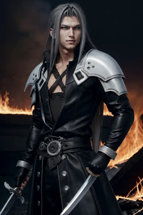 (masterpiece, best quality), intricate details, 1boy, standing, (looking at viewer), Sephiroth \(Final Fantasy\), Sephiroth, (holding sword in left hand:1.5), (green glowing mako eyes), dark theme, village, (fire scene:1.4), (fire:1.4), (conflagration:1.3), professional lighting, photon mapping, physically-based rendering, grey hair, weapon, sword, gloves, long sleeves, parted bangs, black gloves, chest strap, holding weapon, <lora:sephy:0.8>, <lora:LowRA:0.6>
