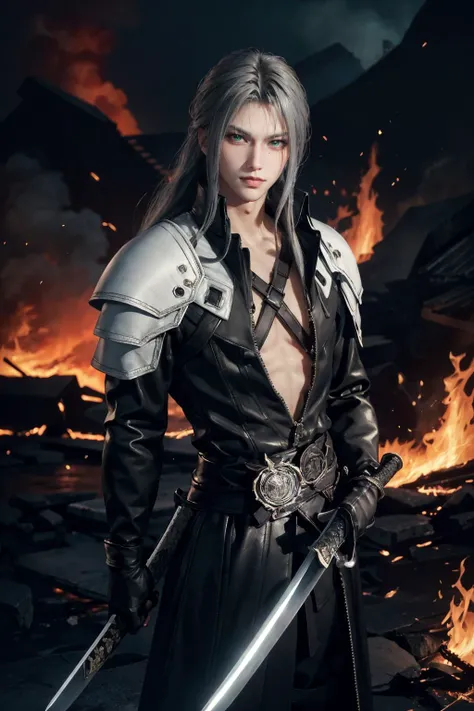 (masterpiece, best quality), intricate details, 1boy, standing, (looking at viewer), Sephiroth \(Final Fantasy\), Sephiroth, (holding sword in left hand:1.5), (green glowing mako eyes), dark theme, village, (fire scene:1.4), (fire:1.4), (conflagration:1.3), professional lighting, photon mapping, physically-based rendering, grey hair, weapon, sword, gloves, long sleeves, parted bangs, black gloves, chest strap, holding weapon, <lora:sephy:0.8>, <lora:LowRA:0.6>