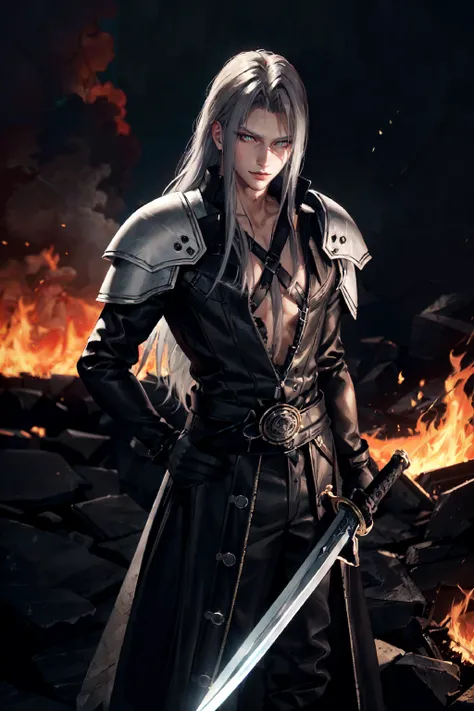 (masterpiece, best quality), intricate details, 1boy, standing, (looking at viewer), Sephiroth \(Final Fantasy\), Sephiroth, (holding sword in left hand:1.5), (green glowing mako eyes), dark theme, village, (fire scene:1.4), (fire:1.4), (conflagration:1.3), professional lighting, photon mapping, physically-based rendering, grey hair, weapon, sword, gloves, long sleeves, parted bangs, black gloves, chest strap, holding weapon, <lora:sephy:0.8>, <lora:LowRA:0.6>