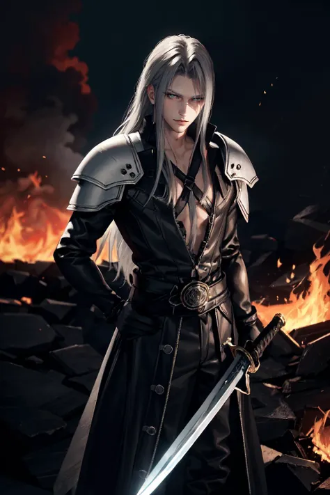 (masterpiece, best quality), intricate details, 1boy, standing, (looking at viewer), Sephiroth \(Final Fantasy\), Sephiroth, (holding sword in left hand:1.5), (green glowing mako eyes), dark theme, village, (fire scene:1.4), (fire:1.4), (conflagration:1.3), professional lighting, photon mapping, physically-based rendering, grey hair, weapon, sword, gloves, long sleeves, parted bangs, black gloves, chest strap, holding weapon, <lora:sephy:0.8>, <lora:LowRA:0.6>
