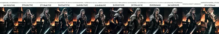 (masterpiece, best quality), intricate details, 1boy, standing, (looking at viewer), Sephiroth \(Final Fantasy\), Sephiroth, (holding sword in left hand:1.5), (green glowing mako eyes), dark theme, village, (fire scene:1.4), (fire:1.4), (conflagration:1.3), professional lighting, photon mapping, physically-based rendering, grey hair, weapon, sword, gloves, long sleeves, parted bangs, black gloves, chest strap, holding weapon, <lora:sephy:0.8>, <lora:LowRA:0.6>