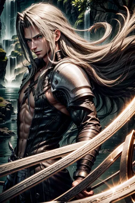 male face, male, (looking at viewer:1.0), ((masterpiece:1.4, best quality)), (medium-body shot:1.6),wide face, ultra detail, high res, green eyes, waterfall, river 
 <lora:more_details:0.8>   <lora:sephy-000004:0.7> FF7R Sephiroth <lora:tangbohu-detailer_1.0:0.4>