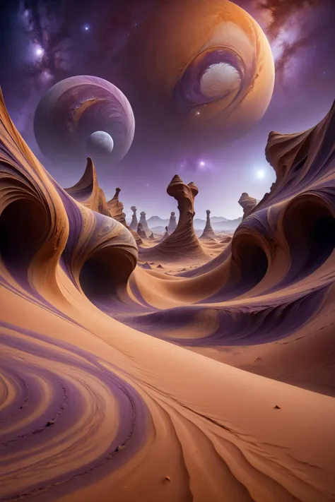 cinematic shot, dramatic lighting, worx,  surreal alien planet, twisted rock structures,  swirls of dust, circular pattern in the sand, night sky,moons, rocky desert, purple and orange <lora:worx:1.2> , haze, dust, (masterpiece:1.2), best quality, (hyperdetailed, highest detailed:1.2), high resolution textures