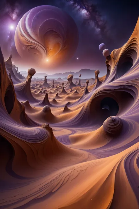 cinematic shot, dramatic lighting, worx, surreal alien planet, twisted rock structures, swirls of dust, circular pattern in the sand, night sky,moons, rocky desert, purple and orange <lora:worx:1.2> , haze, dust, (masterpiece:1.2), best quality, (hyperdetailed, highest detailed:1.2), high resolution textures