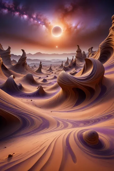 cinematic shot, dramatic lighting, worx, surreal alien planet, twisted rock structures, swirls of dust, circular pattern in the sand, night sky,moons, rocky desert, purple and orange <lora:worx:1.2> , haze, dust, (masterpiece:1.2), best quality, (hyperdetailed, highest detailed:1.2), high resolution textures