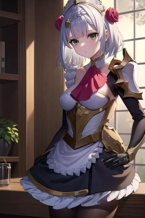genshinnoelle, <lyco:genshinnoelle-lyco-nochekaiser:1>,
noelle, braid, flower, hair flower, hair ornament, short hair, silver hair, (green eyes:1.5),
BREAK apron, armor, ascot, black pantyhose, black skirt, dress, gauntlets, gold trim, headdress, long sleeves, maid, maid apron, maid headdress, pantyhose, pauldrons, shoulder armor, skirt, strap,
BREAK indoors, laboratory,
BREAK looking at viewer, (cowboy shot:1.5),
BREAK <lyco:GoodHands-beta2:1>, (masterpiece:1.2), best quality, high resolution, unity 8k wallpaper, (illustration:0.8), (beautiful detailed eyes:1.6), extremely detailed face, perfect lighting, extremely detailed CG, (perfect hands, perfect anatomy),