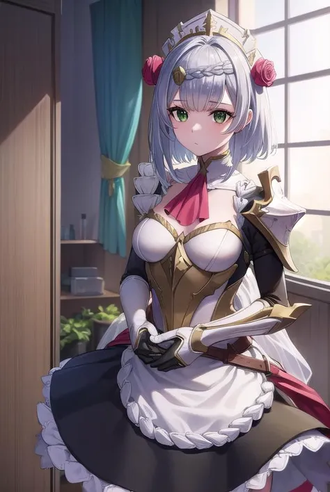 genshinnoelle, <lyco:genshinnoelle-lyco-nochekaiser:1>,
noelle, braid, flower, hair flower, hair ornament, short hair, silver hair, (green eyes:1.5),
BREAK apron, armor, ascot, black pantyhose, black skirt, dress, gauntlets, gold trim, headdress, long sleeves, maid, maid apron, maid headdress, pantyhose, pauldrons, shoulder armor, skirt, strap,
BREAK indoors, laboratory,
BREAK looking at viewer, (cowboy shot:1.5),
BREAK <lyco:GoodHands-beta2:1>, (masterpiece:1.2), best quality, high resolution, unity 8k wallpaper, (illustration:0.8), (beautiful detailed eyes:1.6), extremely detailed face, perfect lighting, extremely detailed CG, (perfect hands, perfect anatomy),
