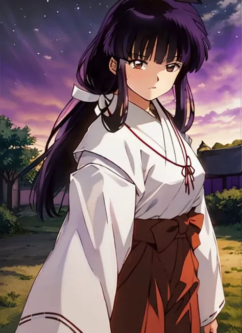 Kikyo, (((brown eyes))), red and white kimono, cowboy shot, full body, photorealistic, (hyperrealistic:1.2), perfect eyes, perfect face, perfect lighting, outdoors, warm colors, dark purple sky, smug, windy, village at night,<lora:kikyInuyasha_v10:1.0>