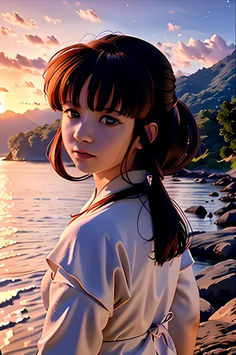 masterpiece, best quality, high quality, extremely detailed CG unity 8k wallpaper,landscape with texture ,
1girl,(floating hair:1.6), light smile,looking back over shoulder, 
(sunset:1.25),((sky,sea,rosy clouds)),A place with reef and rocks,
 Depth of Field, HDR, bloom, Chromatic Aberration ,Photorealistic,extremely detailed, glowing light, Intricate, High Detail, cinematic lighting,(CG:1.2),extremely detailed , Unreal Engine. <lora:kikyInuyasha_v10:1>