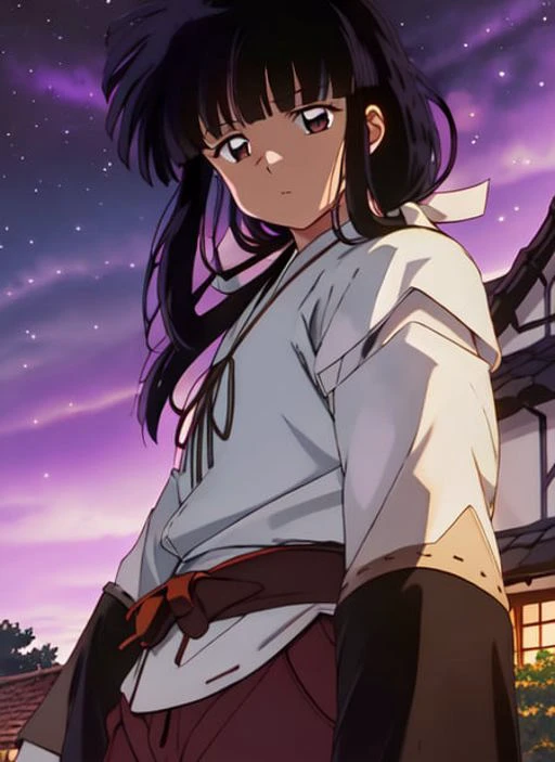 hirasawa_yui , (((brown eyes))), red and white kimono, cowboy shot, full body, photorealistic, (hyperrealistic:1.2), perfect eyes, perfect face, perfect lighting, outdoors, warm colors, dark purple sky, smug, windy, village at night,<lora:kikyInuyasha_v10:1.0>