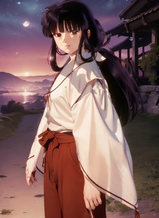 Kikyo, (((brown eyes))), red and white kimono, cowboy shot, full body, photorealistic, (hyperrealistic:1.2), perfect eyes, perfect face, perfect lighting, outdoors, warm colors, dark purple sky, smug, windy, village at night,<lora:kikyInuyasha_v10:1.0>