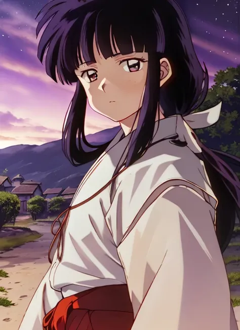 hirasawa_yui , (((brown eyes))), red and white kimono, cowboy shot, full body, photorealistic, (hyperrealistic:1.2), perfect eyes, perfect face, perfect lighting, outdoors, warm colors, dark purple sky, smug, windy, village at night,<lora:kikyInuyasha_v10:1.0>